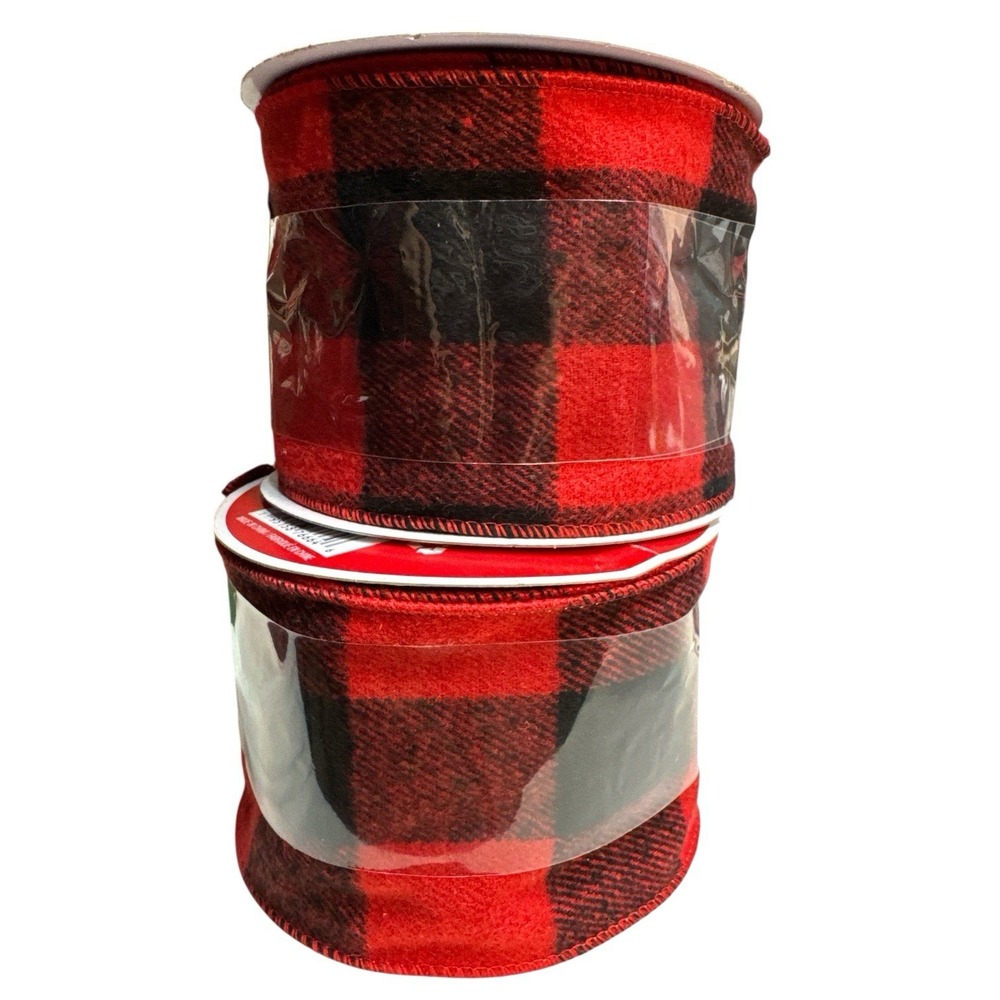 2Pcs Black Red Check Wired Ribbon 3.5" x 25ft Celebrate It Michaels